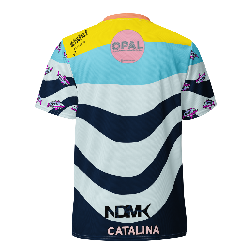 Colorful sports jersey with branding on a white background