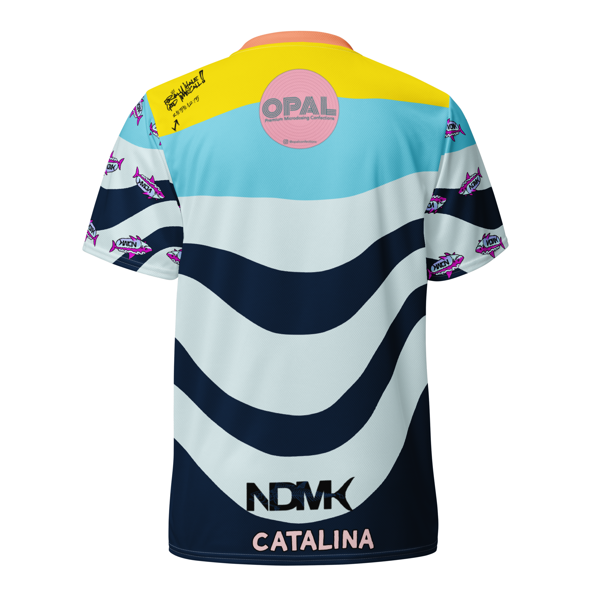 Colorful sports jersey with branding on a white background