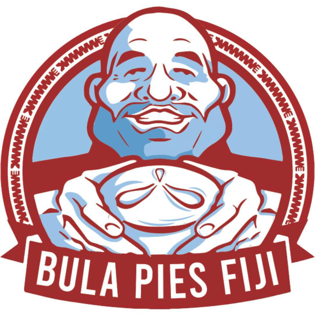 A circular logo-style graphic with a stylized smiling face in blue and white, framed by a red ring with repeated 'WWE' text, and a red banner at the bottom reading 'BULA PIES FIJI'.