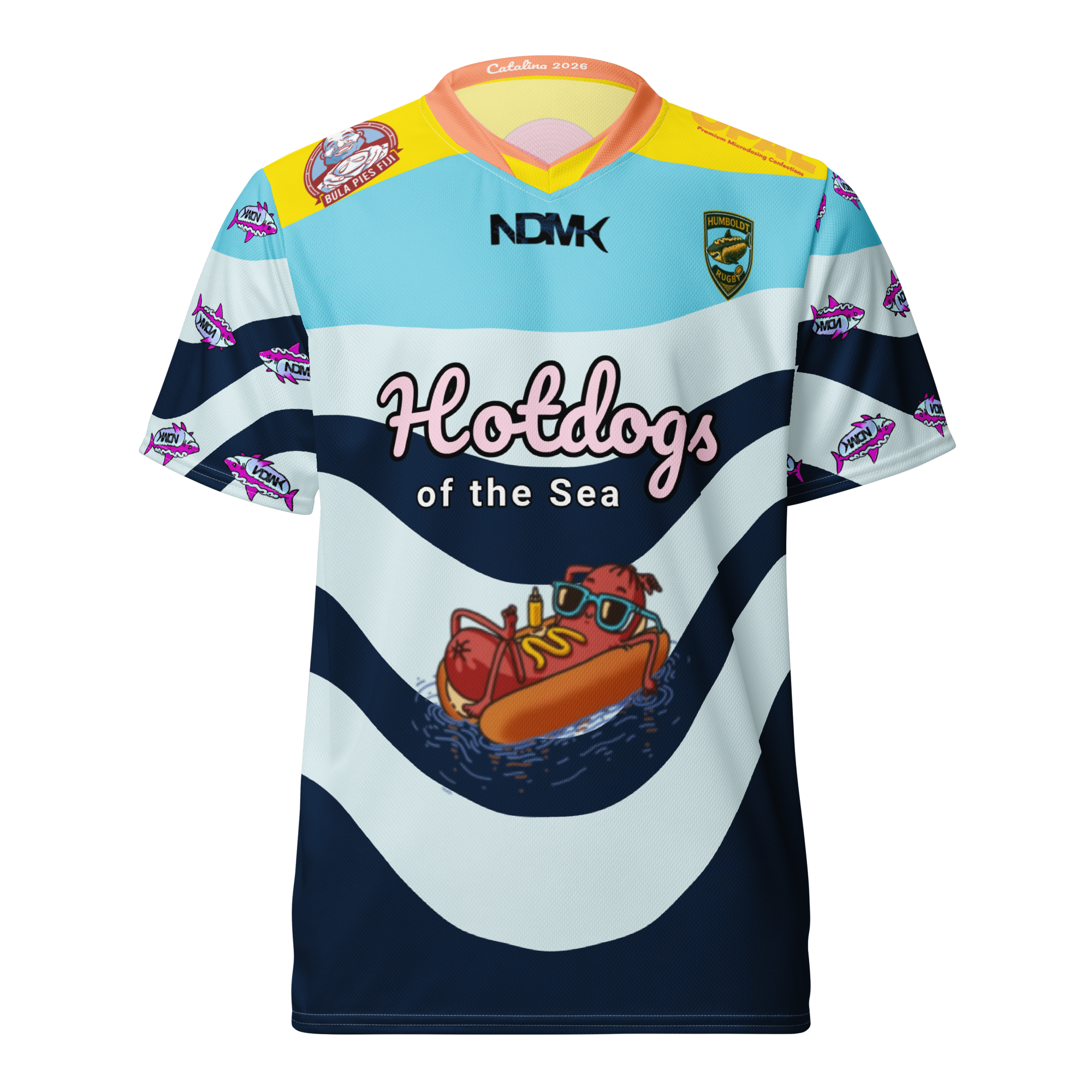 Colorful sports jersey with 'Hotdogs of the Sea' design on a white background