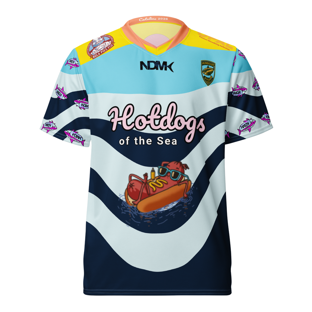 Colorful sports jersey with 'Hotdogs of the Sea' design on a white background