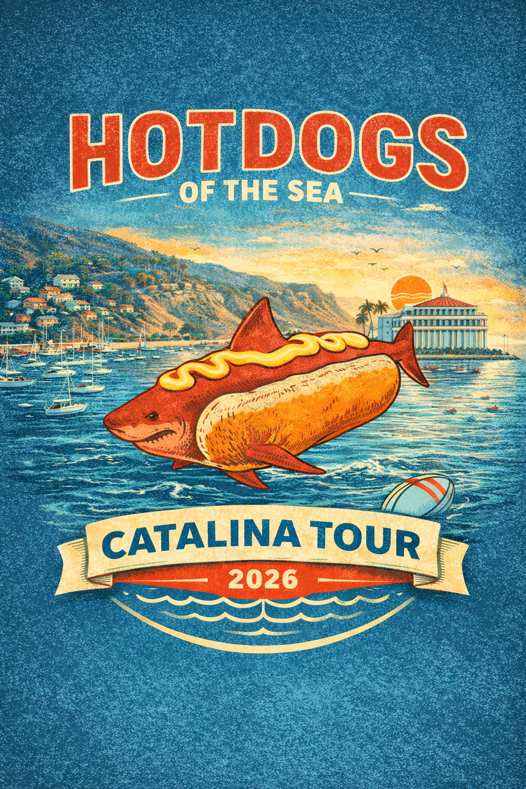 Promotional poster for 'Hotdogs of the Sea Catalina Tour 2026' with a hotdog fish graphic against a scenic background.