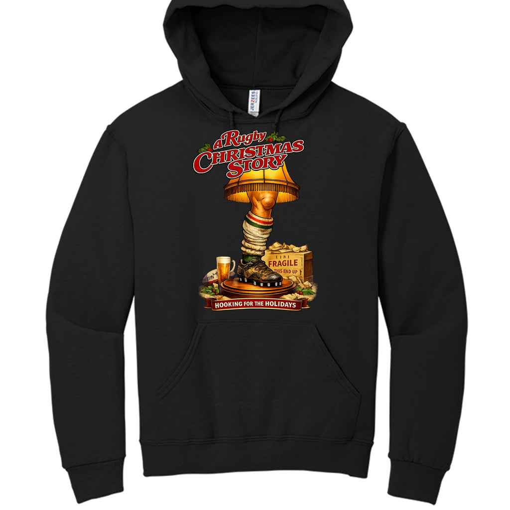 Black hoodie with 'A Christmas Story' lamp graphic on a white background