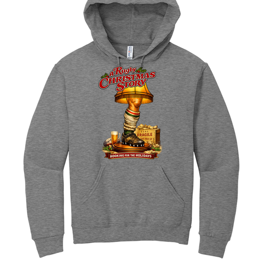 Gray hoodie with 'A Christmas Story' lamp graphic on a white background