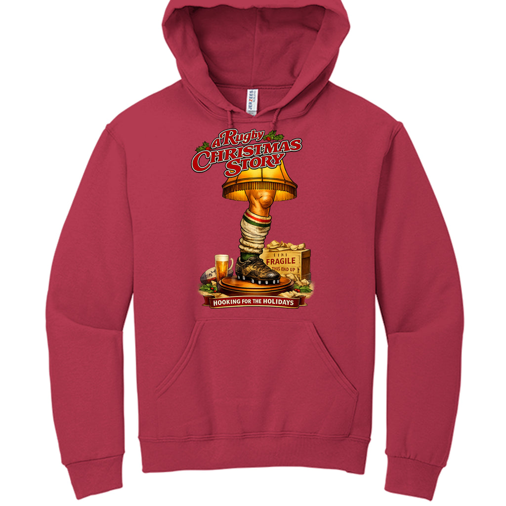 Red hoodie with 'A Christmas Story' leg lamp design on a white background