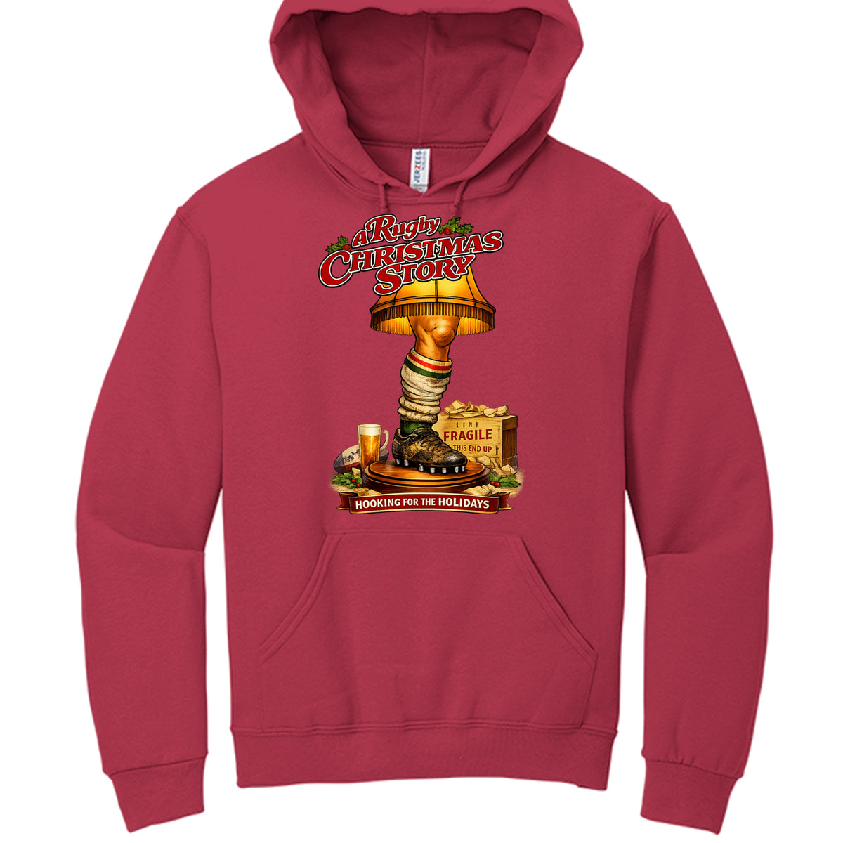 Red hoodie with 'A Christmas Story' leg lamp design on a white background