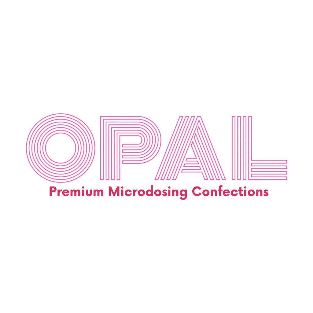 The logo for 'OPAL Premium Microdosing Confections' is displayed on a solid white background. The word 'OPAL' is rendered in a stylized, wide sans-serif font composed of multiple pink horizontal lines.