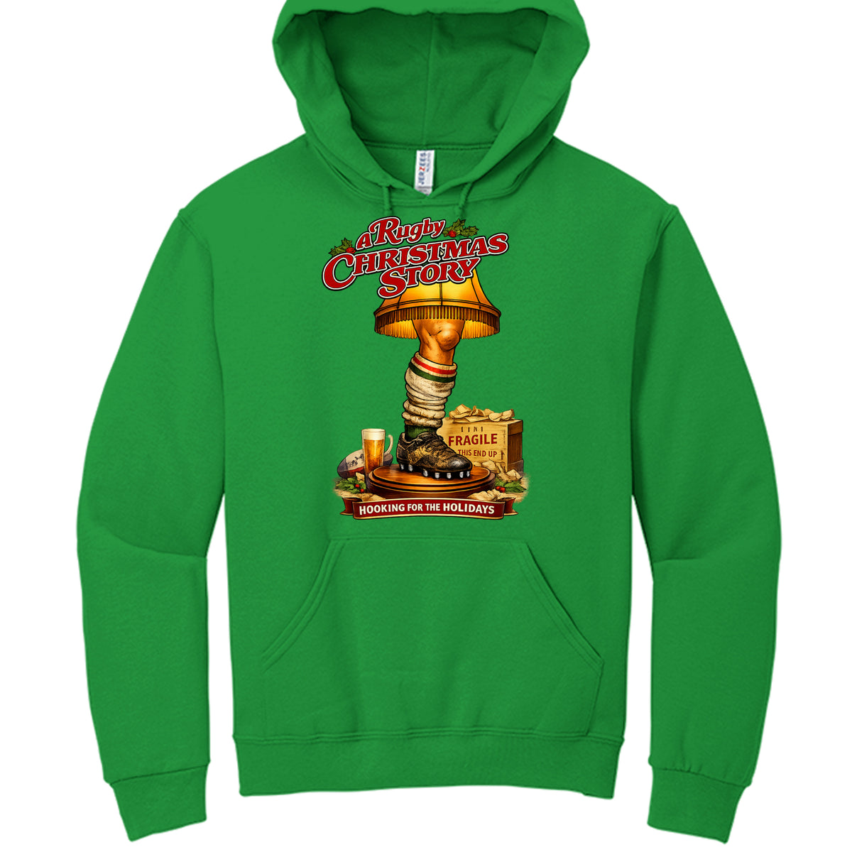 Green hoodie with 'A Christmas Story' leg lamp design on a white background