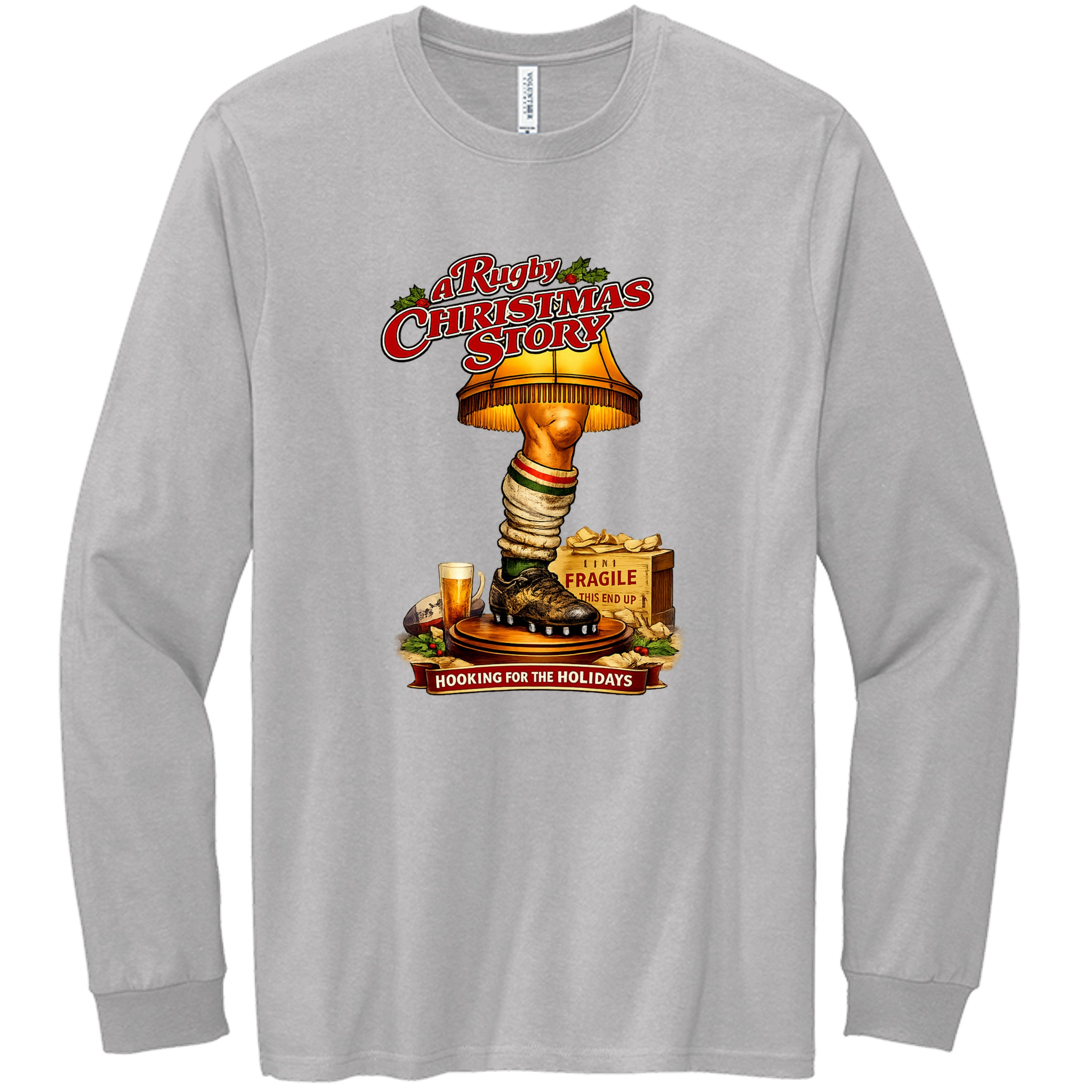 Gray long-sleeve shirt with 'A Rugby Christmas Story' graphic design featuring a rugby player in a lampshade.