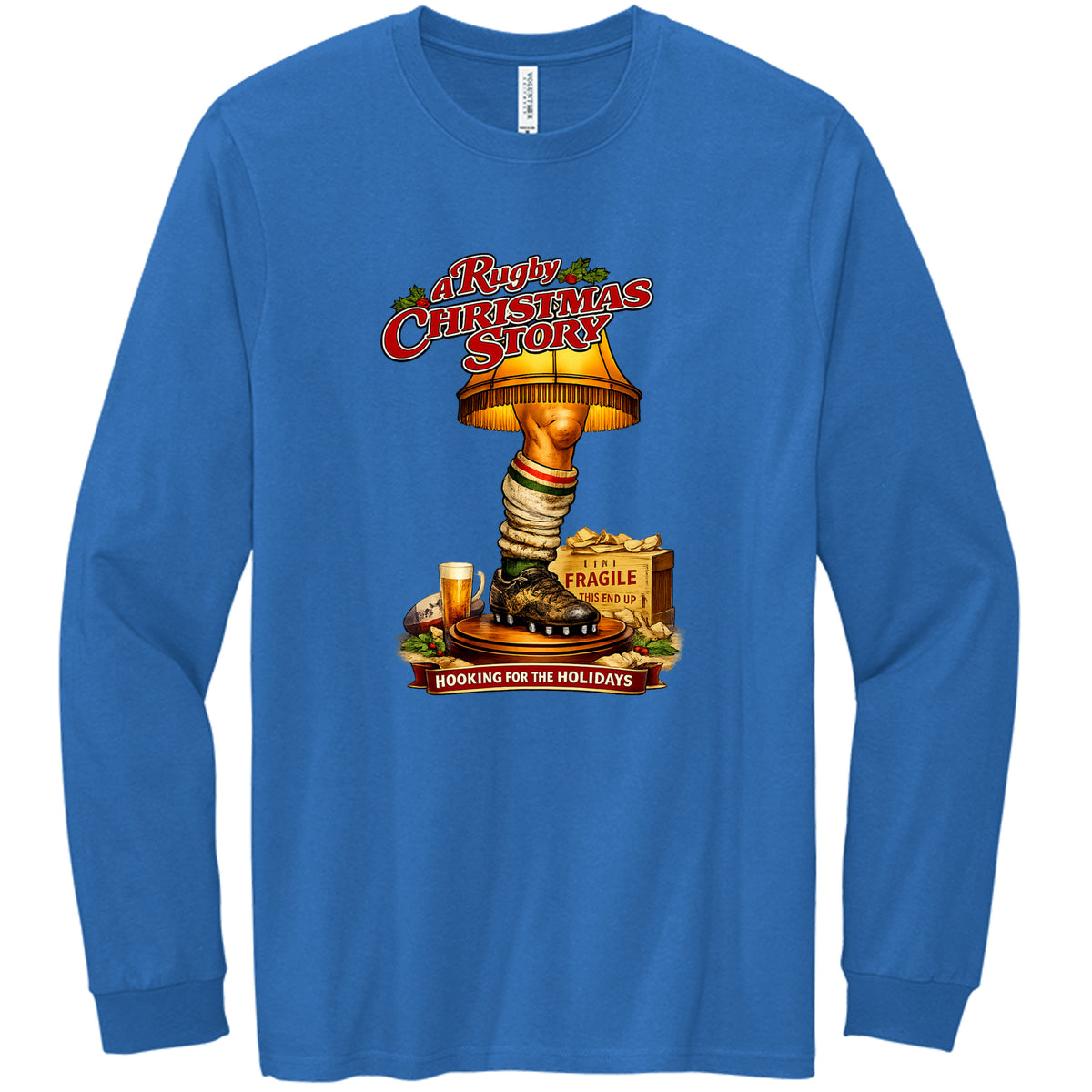 Blue long-sleeve shirt with 'A Christmas Story' themed graphic on a white background