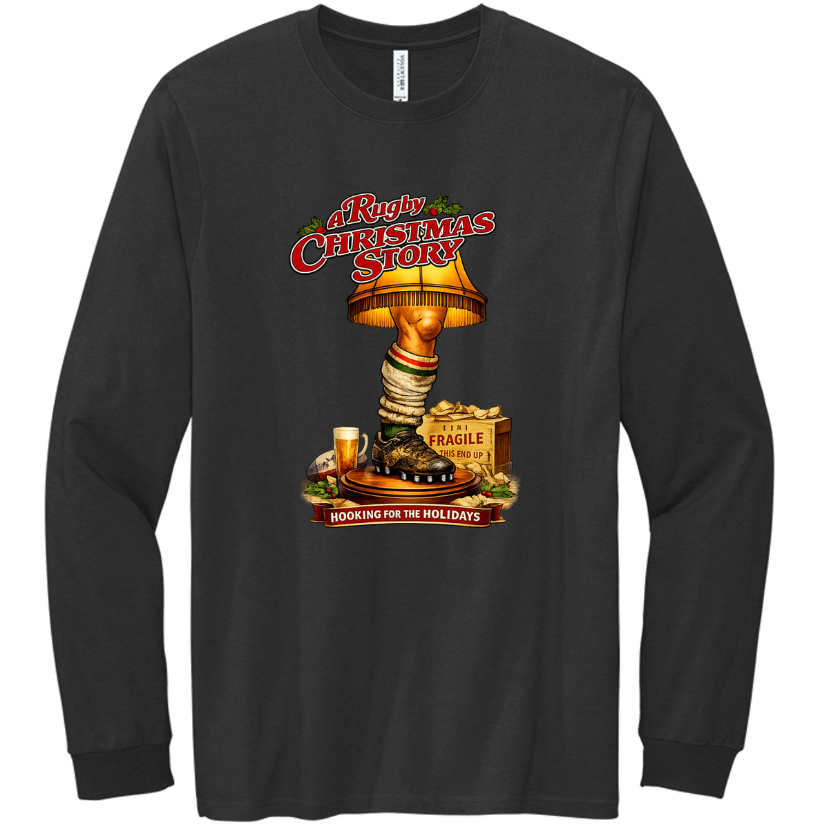 Black long-sleeve shirt with a Christmas-themed graphic on a white background